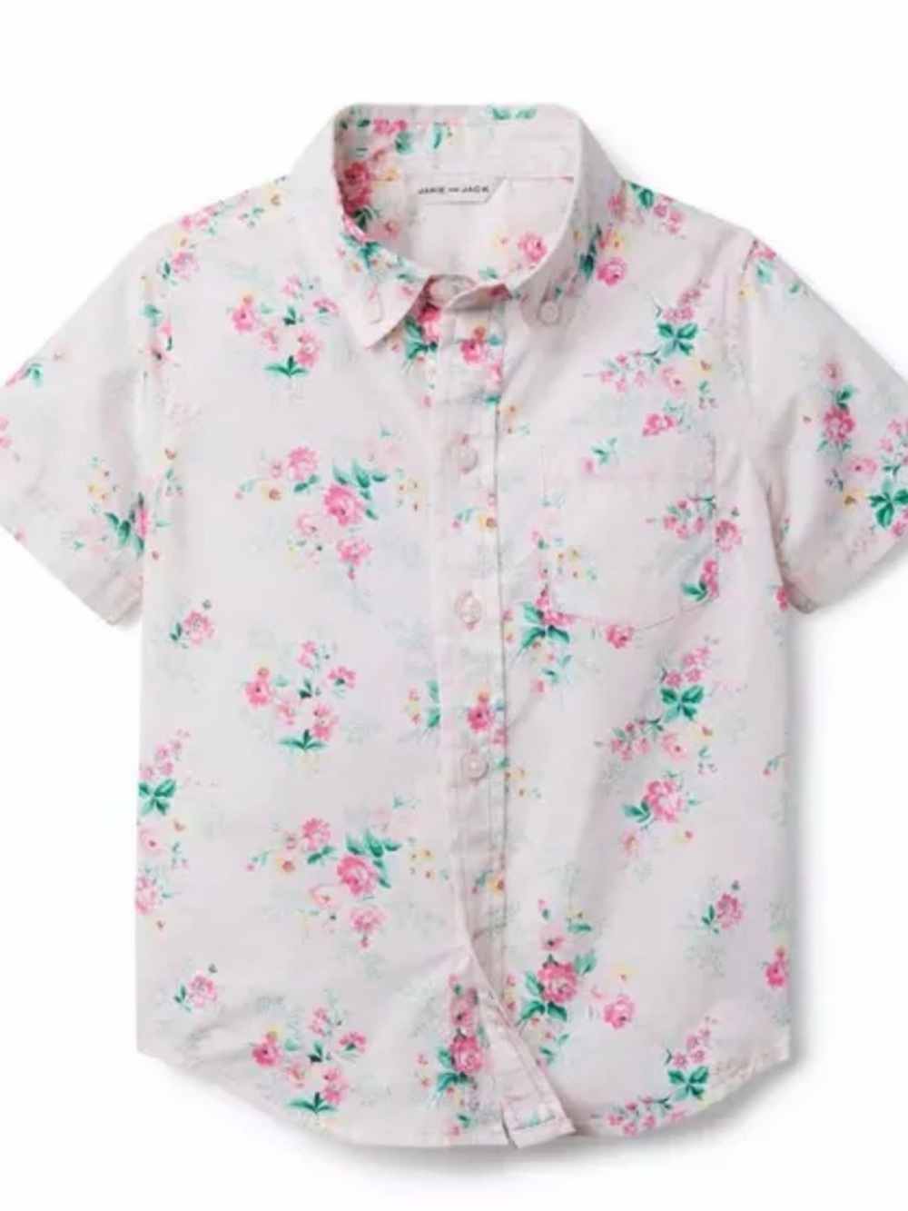 Janie and Jack White Short-Sleeve Button-Down with Pink Floral Pattern